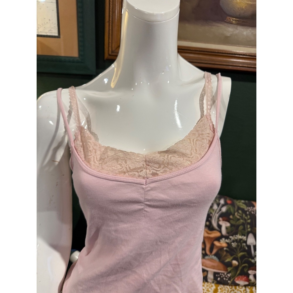 One‎ Step Up Pink Lace Trim Camisole Tank Top Women Large V-Neck Cotton Blend